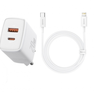 KIT CARREGADOR BASEUS LIGHTNING COM DUAS ENTRADAS USB-C | USB COMPACT 20W (12610)