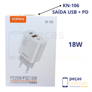 FONTE KDPAN (KAIDI) USB | TIPOC PD 20W | QC 18W 3.0 (KN-106)